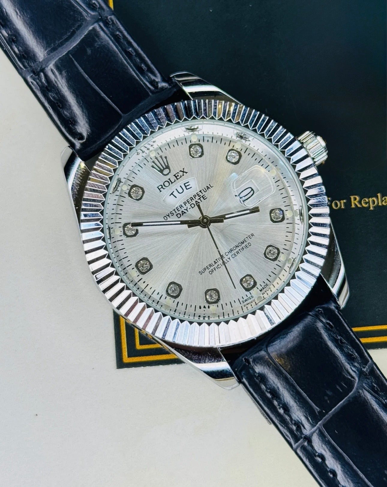 Black Silver White Day-Date Leather Rolex