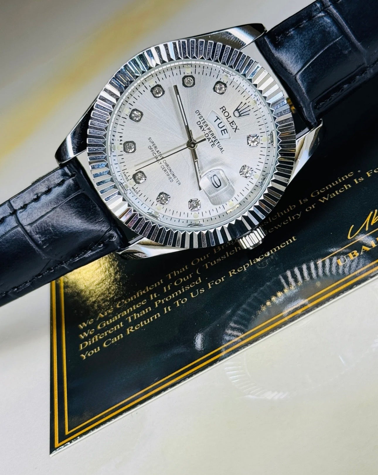 Black Silver White Day-Date Leather Rolex