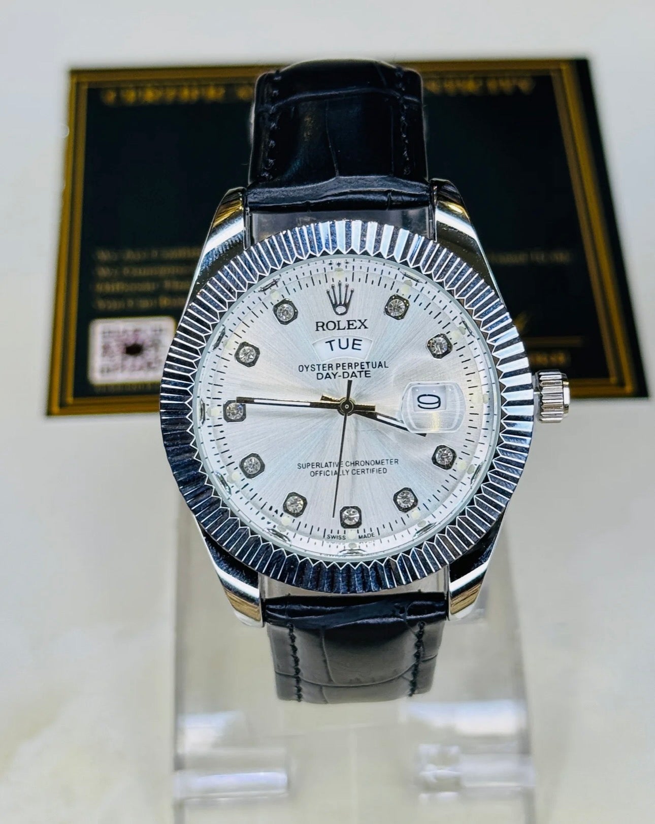 Black Silver White Day-Date Leather Rolex