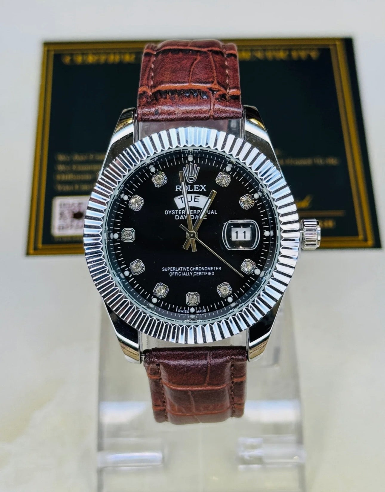 Brown Silver Black Day-Date Leather Rolex