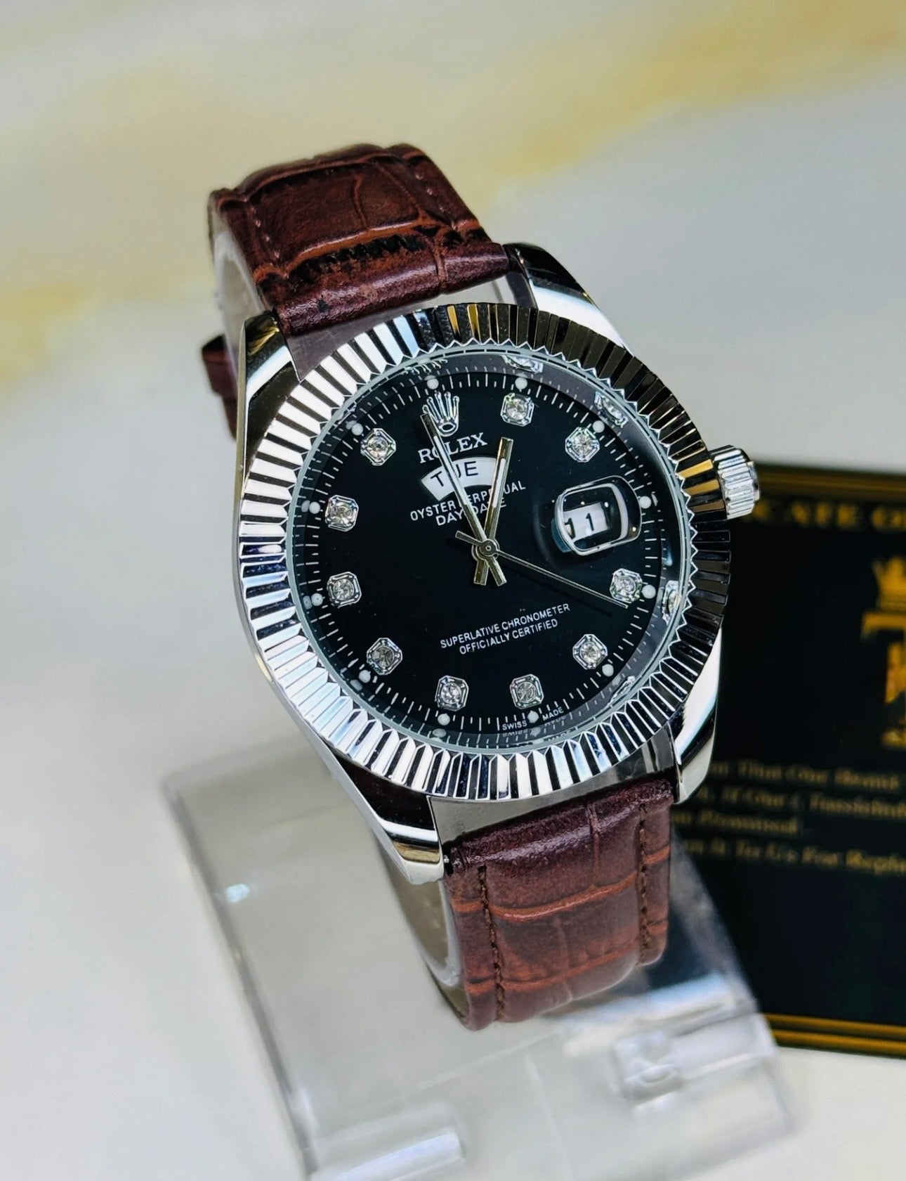 Brown Silver Black Day-Date Leather Rolex