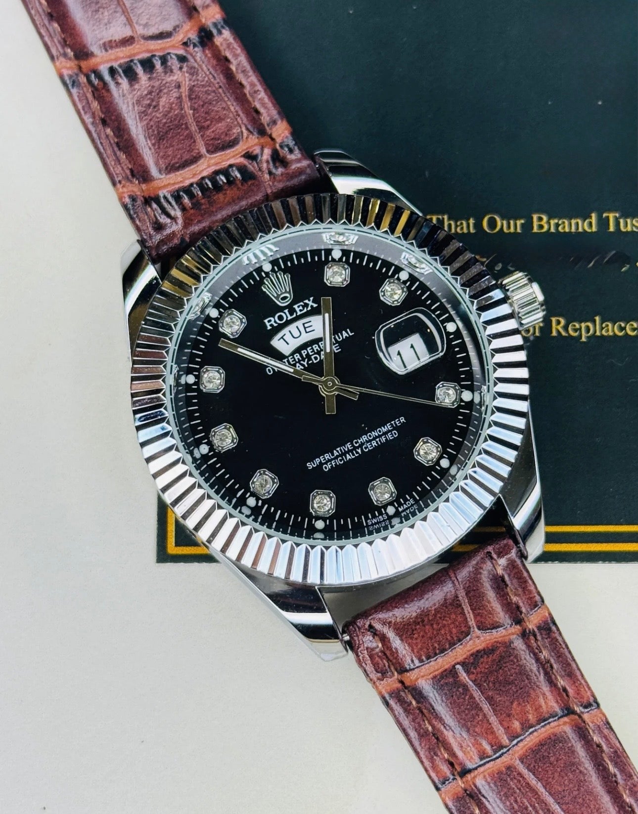 Brown Silver Black Day-Date Leather Rolex