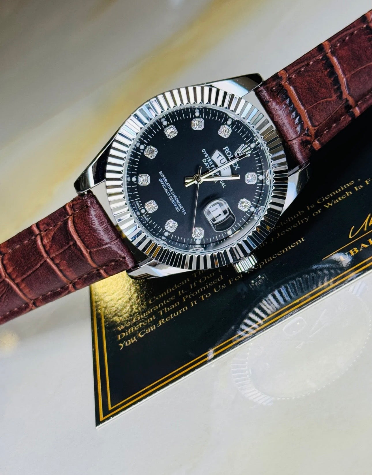 Brown Silver Black Day-Date Leather Rolex