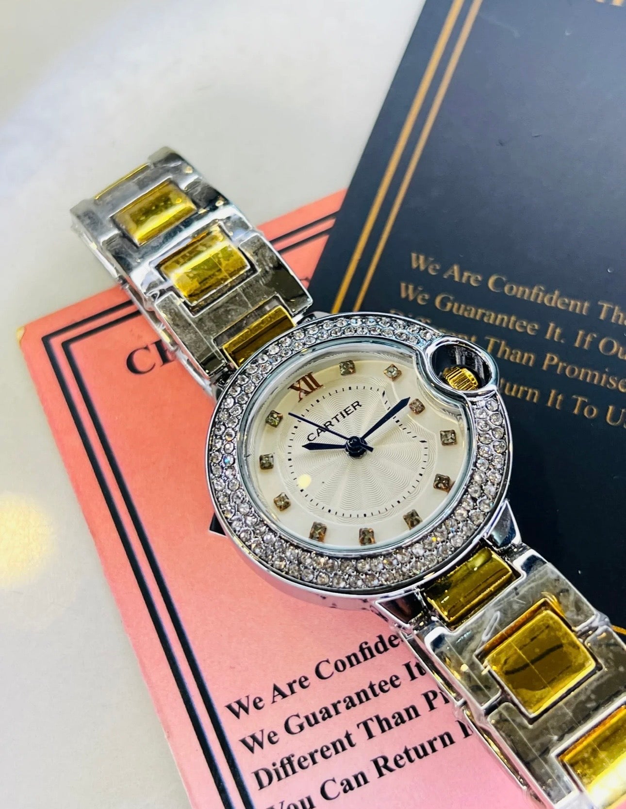 Cartier' Silver Gold White iced Dial      For Her