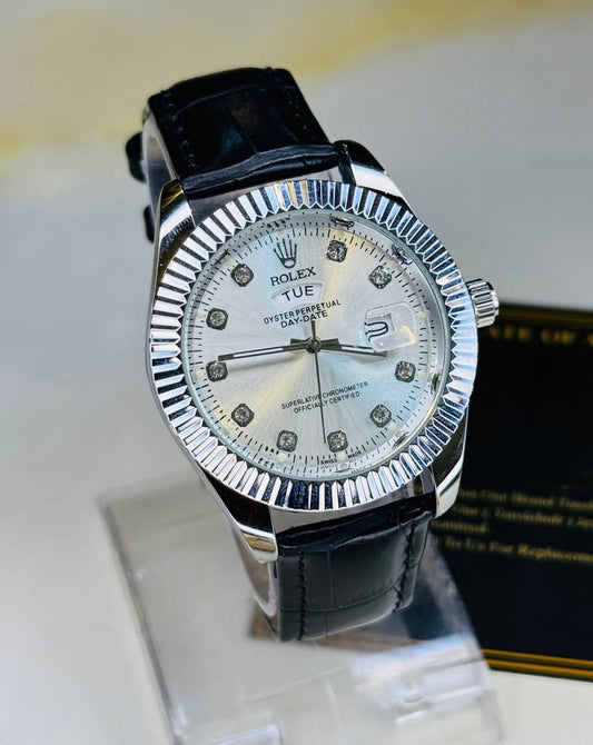 Black Silver White Day-Date Leather Rolex